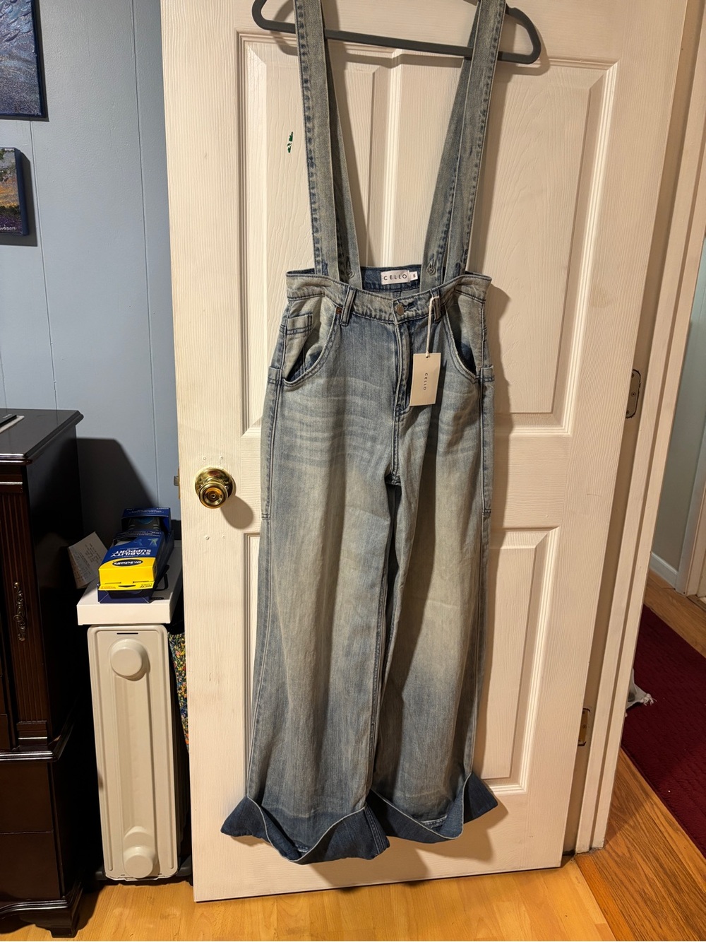 Cello Light Wash Cuffed Hem Wide Leg Jeans with Adjustable Suspender Straps S